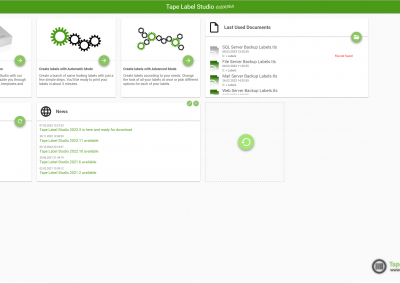 Welkomstscherm van Tape Label Studio